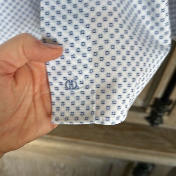 David Donahue White & Blue Geometric Print Dress Shirt Trim Fit 16 32/33 - Picture 5 of 9